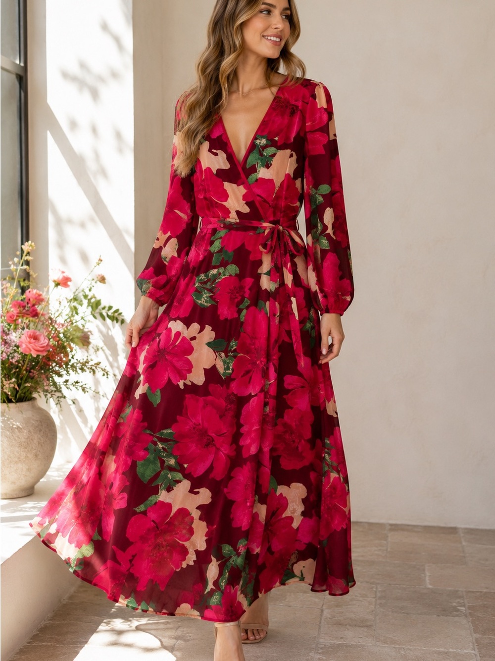 Baltic Born Floral Wrap Maxi Dress - Red - Long Sleeves - Picture 1 of 6